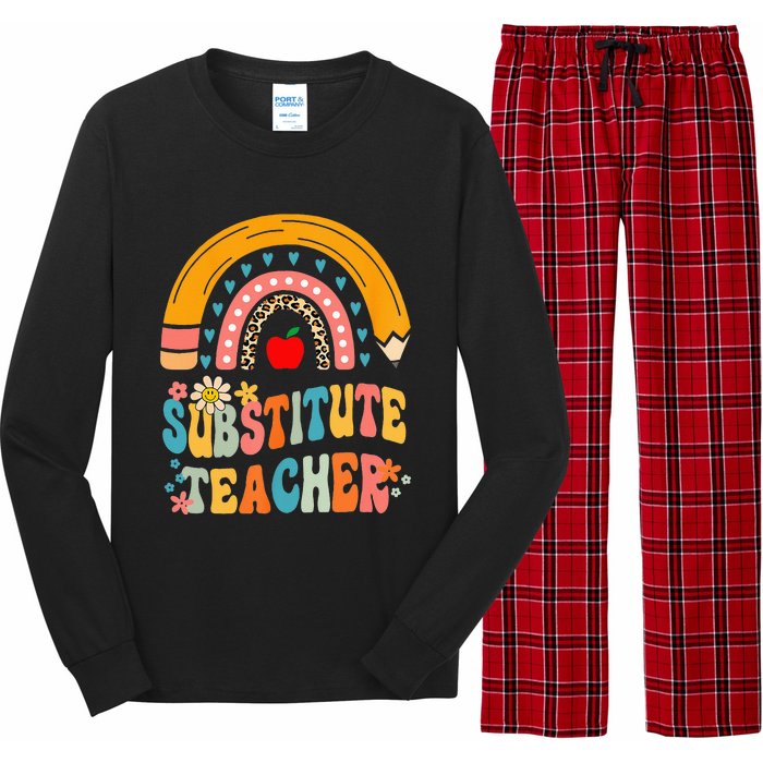 Substitute Teacher Rainbow Pencil Groovy Teacher Flower Long Sleeve Pajama Set