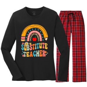 Substitute Teacher Rainbow Pencil Groovy Teacher Flower Women's Long Sleeve Flannel Pajama Set 