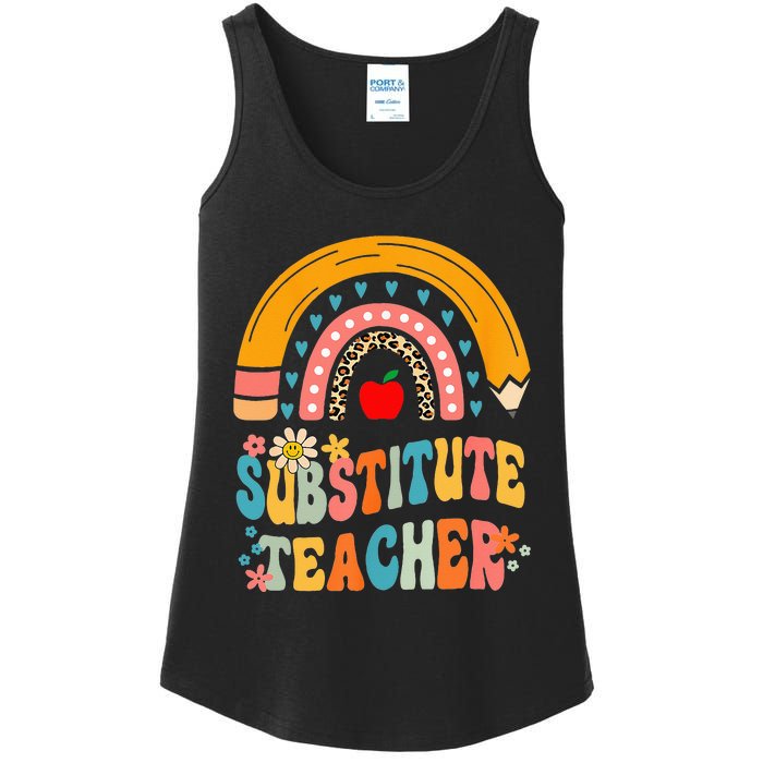 Substitute Teacher Rainbow Pencil Groovy Teacher Flower Ladies Essential Tank