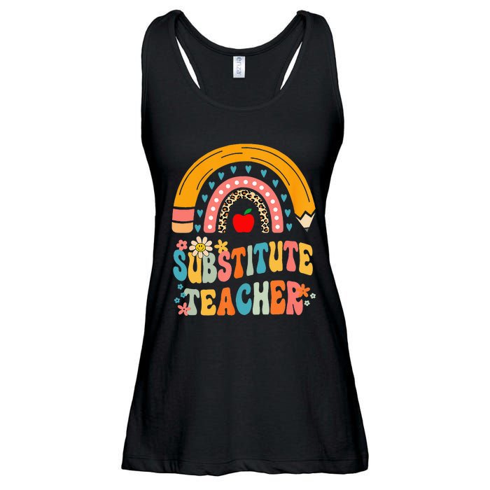 Substitute Teacher Rainbow Pencil Groovy Teacher Flower Ladies Essential Flowy Tank