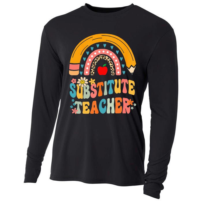 Substitute Teacher Rainbow Pencil Groovy Teacher Flower Cooling Performance Long Sleeve Crew