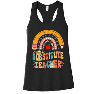 Substitute Teacher Rainbow Pencil Groovy Teacher Flower Women's Racerback Tank