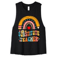 Substitute Teacher Rainbow Pencil Groovy Teacher Flower Women's Racerback Cropped Tank