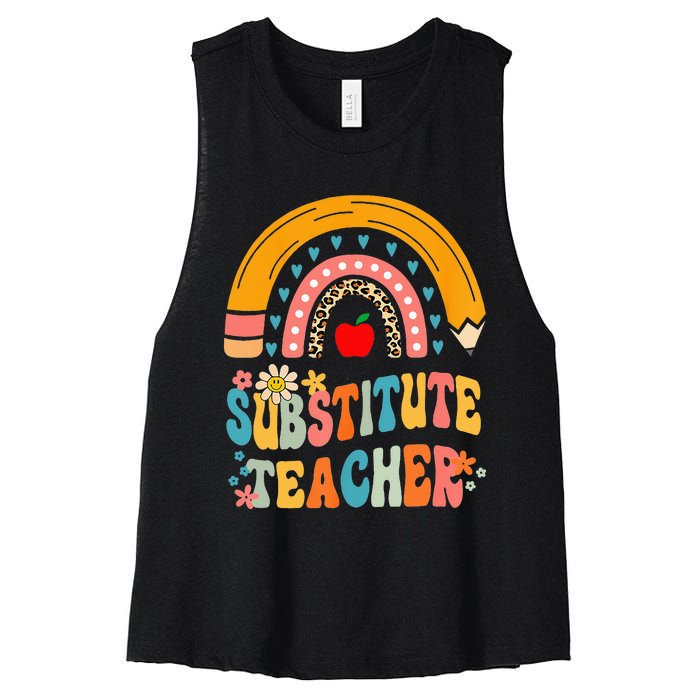 Substitute Teacher Rainbow Pencil Groovy Teacher Flower Women's Racerback Cropped Tank