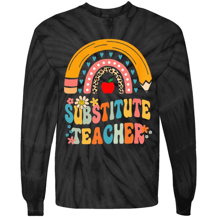 Substitute Teacher Rainbow Pencil Groovy Teacher Flower Tie-Dye Long Sleeve Shirt