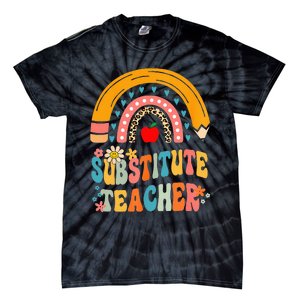 Substitute Teacher Rainbow Pencil Groovy Teacher Flower Tie-Dye T-Shirt