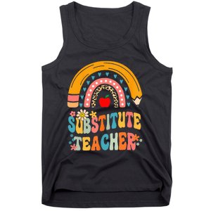 Substitute Teacher Rainbow Pencil Groovy Teacher Flower Tank Top