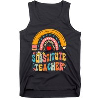 Substitute Teacher Rainbow Pencil Groovy Teacher Flower Tank Top