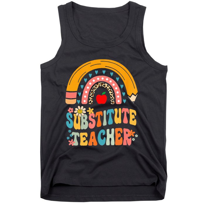 Substitute Teacher Rainbow Pencil Groovy Teacher Flower Tank Top