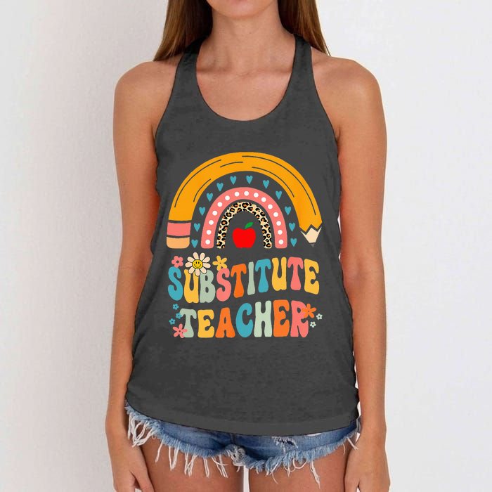 Substitute Teacher Rainbow Pencil Groovy Teacher Flower Women's Knotted Racerback Tank