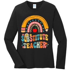 Substitute Teacher Rainbow Pencil Groovy Teacher Flower Ladies Long Sleeve Shirt