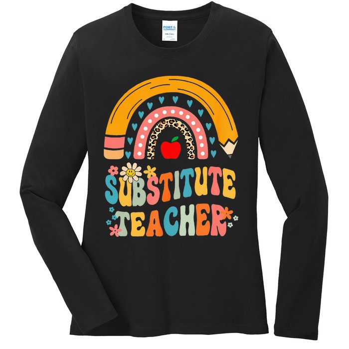 Substitute Teacher Rainbow Pencil Groovy Teacher Flower Ladies Long Sleeve Shirt