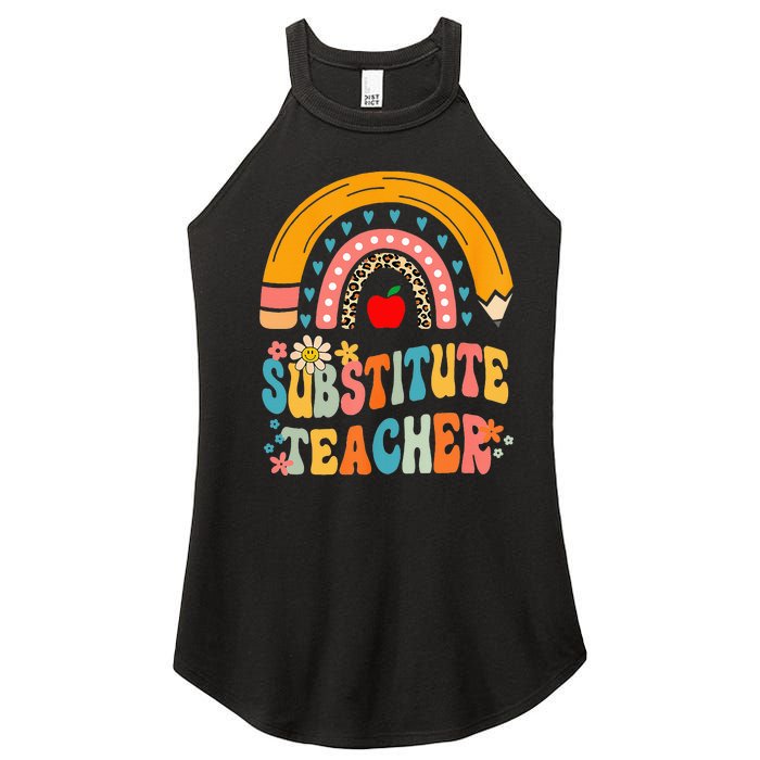 Substitute Teacher Rainbow Pencil Groovy Teacher Flower Women's Perfect Tri Rocker Tank