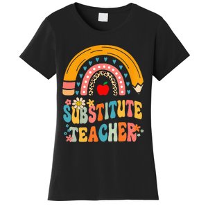 Substitute Teacher Rainbow Pencil Groovy Teacher Flower Women's T-Shirt