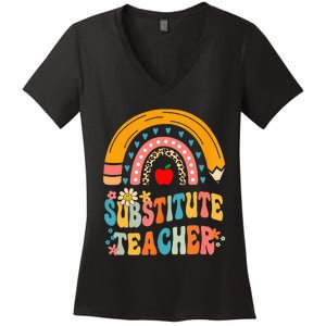 Substitute Teacher Rainbow Pencil Groovy Teacher Flower Women's V-Neck T-Shirt