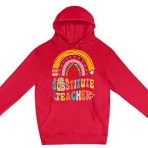 Substitute Teacher Rainbow Pencil Groovy Teacher Flower Premium Pullover Hoodie