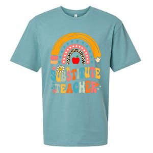 Substitute Teacher Rainbow Pencil Groovy Teacher Flower Sueded Cloud Jersey T-Shirt