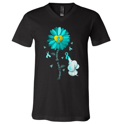 Sunflower Teal Ribbon Elephant Ovarian Cancer Awareness V-Neck T-Shirt