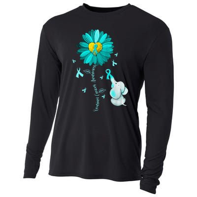 Sunflower Teal Ribbon Elephant Ovarian Cancer Awareness Cooling Performance Long Sleeve Crew