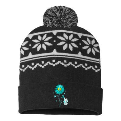 Sunflower Teal Ribbon Elephant Ovarian Cancer Awareness USA-Made Snowflake Beanie