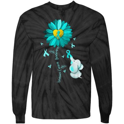 Sunflower Teal Ribbon Elephant Ovarian Cancer Awareness Tie-Dye Long Sleeve Shirt