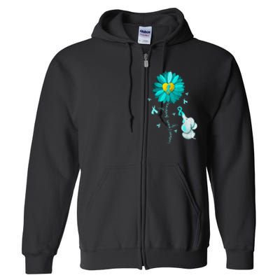 Sunflower Teal Ribbon Elephant Ovarian Cancer Awareness Full Zip Hoodie