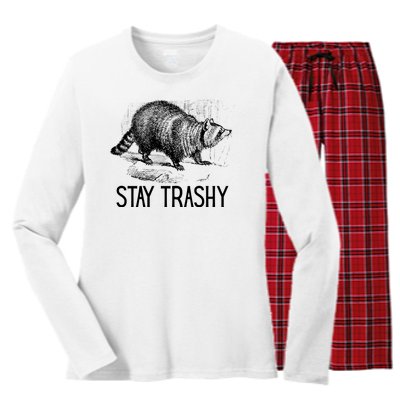 Stay Trashy Raccoon Funny Meme Women's Long Sleeve Flannel Pajama Set 