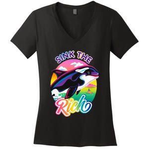 Sink The Rich Gladys Killer Whale The Yacht Sinking Orca Rainbow Women's V-Neck T-Shirt