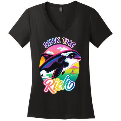 Sink The Rich Gladys Killer Whale The Yacht Sinking Orca Rainbow Women's V-Neck T-Shirt
