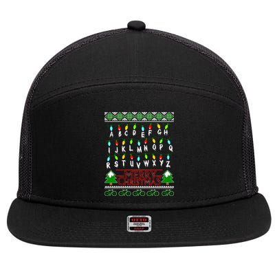 Strange Christmas Lights Alphabet Ugly Christmas Sweater Design 7 Panel Mesh Trucker Snapback Hat
