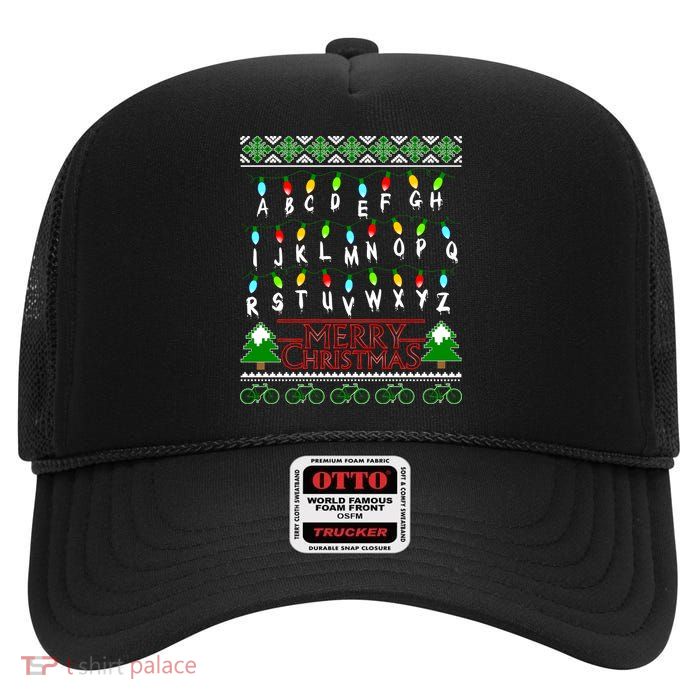 Strange Christmas Lights Alphabet Ugly Christmas Sweater Design High Crown Mesh Back Trucker Hat