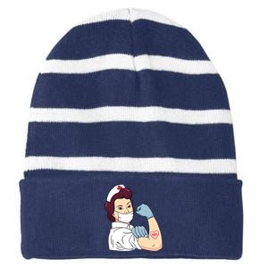 Strong Female Nurse Striped Beanie with Solid Band