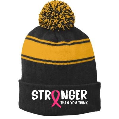 Stronger Than You Think Breast Cancer Ribbon  Stripe Pom Pom Beanie