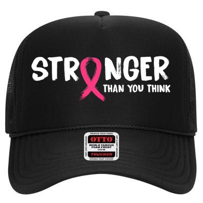 Stronger Than You Think Breast Cancer Ribbon  High Crown Mesh Back Trucker Hat