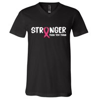 Stronger Than You Think Breast Cancer Ribbon  V-Neck T-Shirt