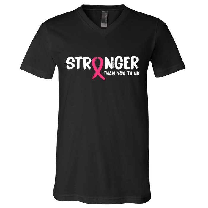 Stronger Than You Think Breast Cancer Ribbon  V-Neck T-Shirt