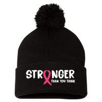 Stronger Than You Think Breast Cancer Ribbon  Pom Pom 12in Knit Beanie