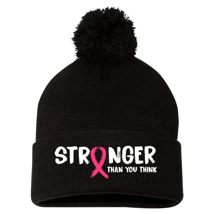 Stronger Than You Think Breast Cancer Ribbon  Pom Pom 12in Knit Beanie