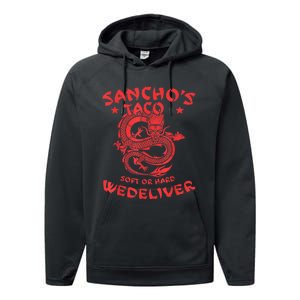 Sanchos Tacos Soft Or Hard We Deliver Apparel Performance Fleece Hoodie