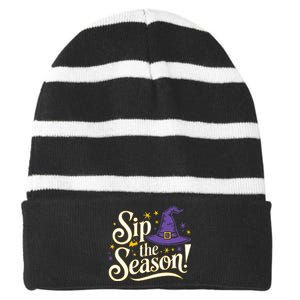 Sip The Season Halloween Fall Season Autumn Striped Beanie with Solid Band