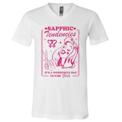 Sapphic Tendencies Sapphic Retro Lesbian V-Neck T-Shirt