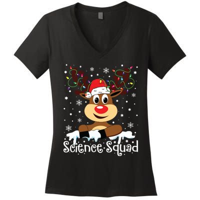 Science Teacher Squad Reindeer Christmas Teacher Xmas Lights Women's V-Neck T-Shirt