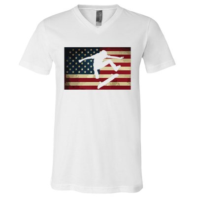 Skateboarding T Skater Skate Board American Flag V-Neck T-Shirt