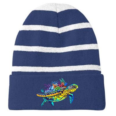 Save The Sea Turtles Funny Environmental Turtle Lover Outfit Striped Beanie with Solid Band