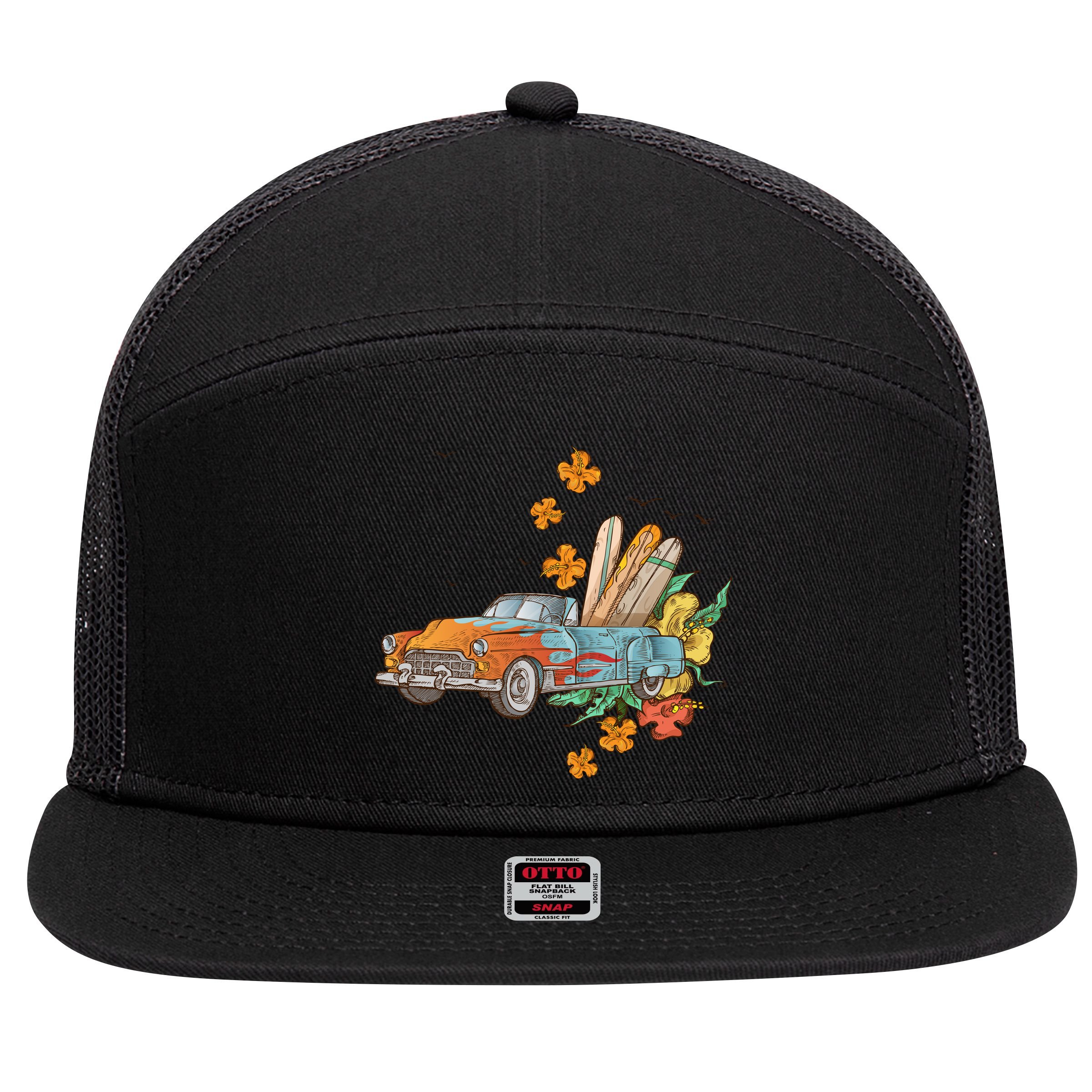 Surfing Tropical Summer Retro Truck 7 Panel Mesh Trucker Snapback Hat