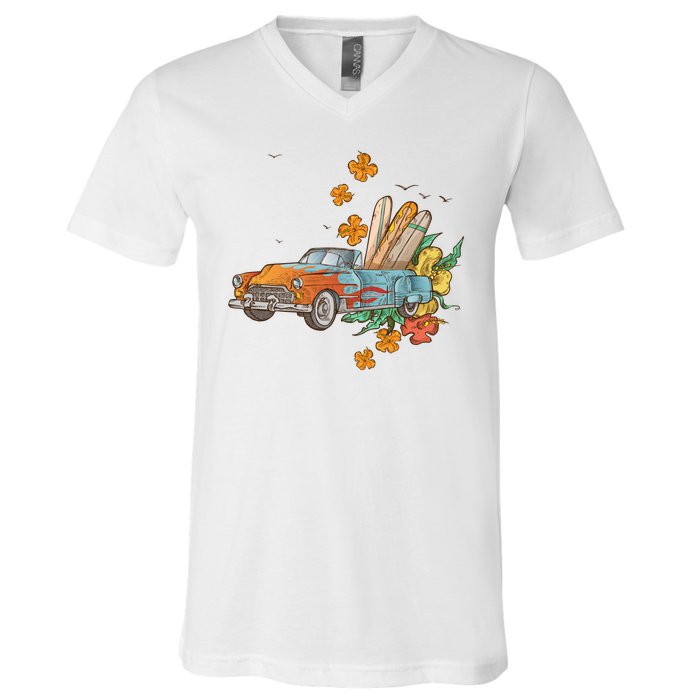 Surfing Tropical Summer Retro Truck V-Neck T-Shirt