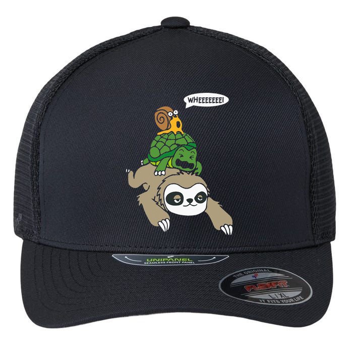 Sloth Turtle Snail Piggyback Animal Running Wild Flexfit Unipanel Trucker Cap