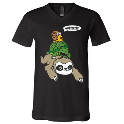 Sloth Turtle Snail Piggyback Animal Running Wild V-Neck T-Shirt