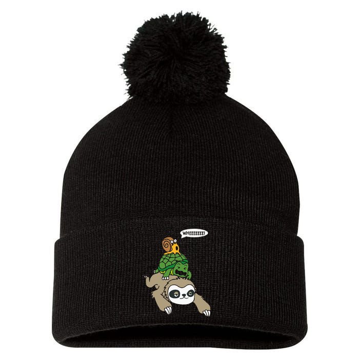 Sloth Turtle Snail Piggyback Animal Running Wild Pom Pom 12in Knit Beanie