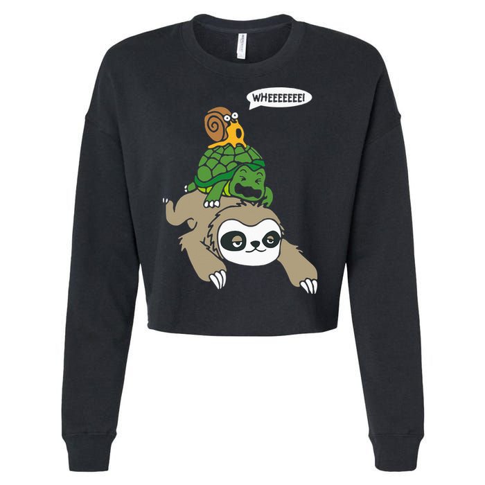Sloth Turtle Snail Piggyback Animal Running Wild Cropped Pullover Crew